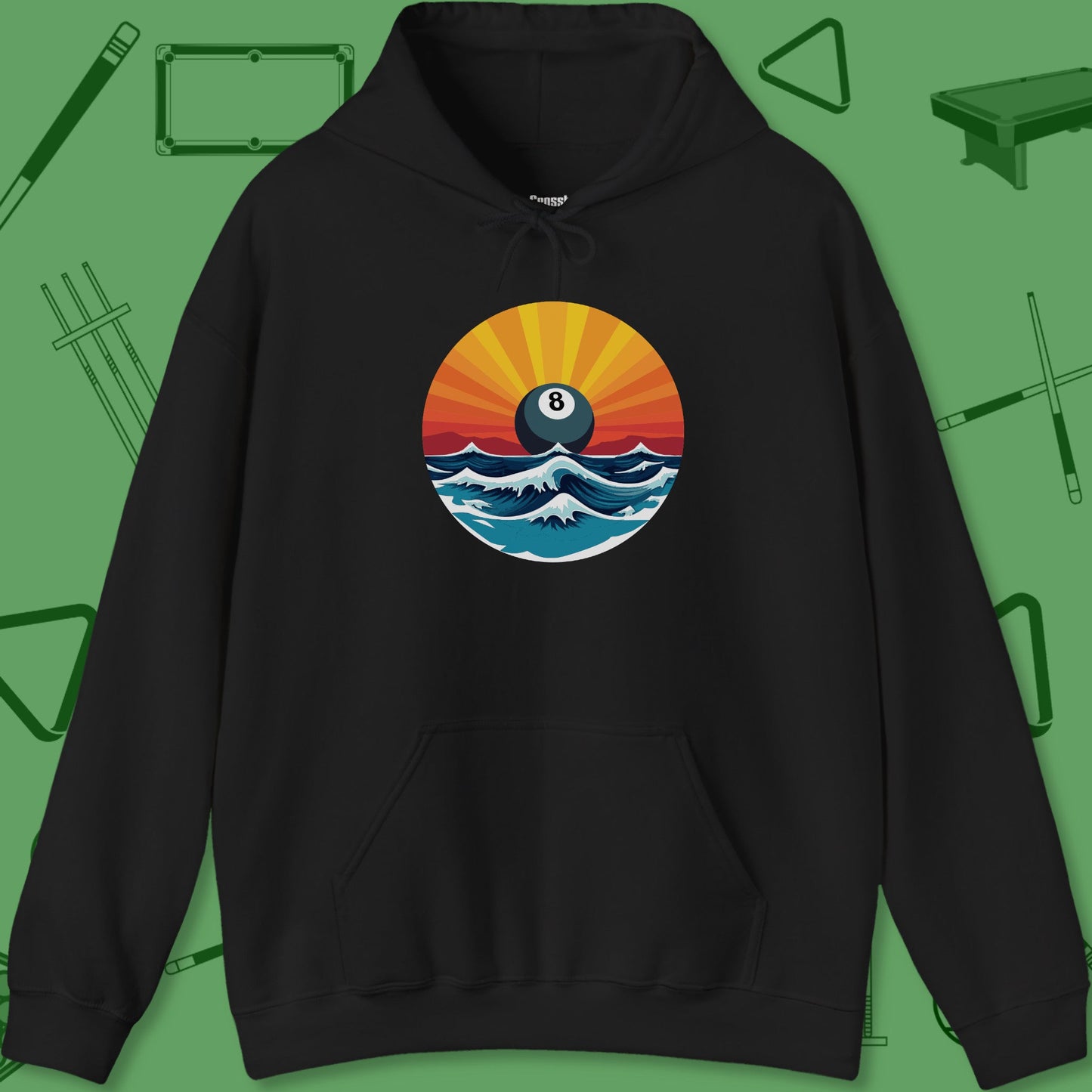 A Hoodie with billiards-themed design from Crossbank Clothing