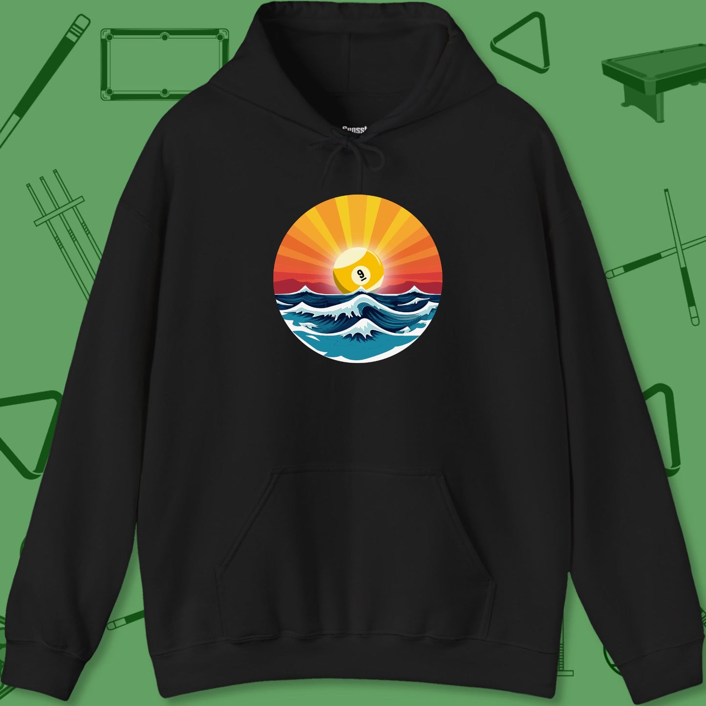 A Hoodie with billiards-themed design from Crossbank Clothing