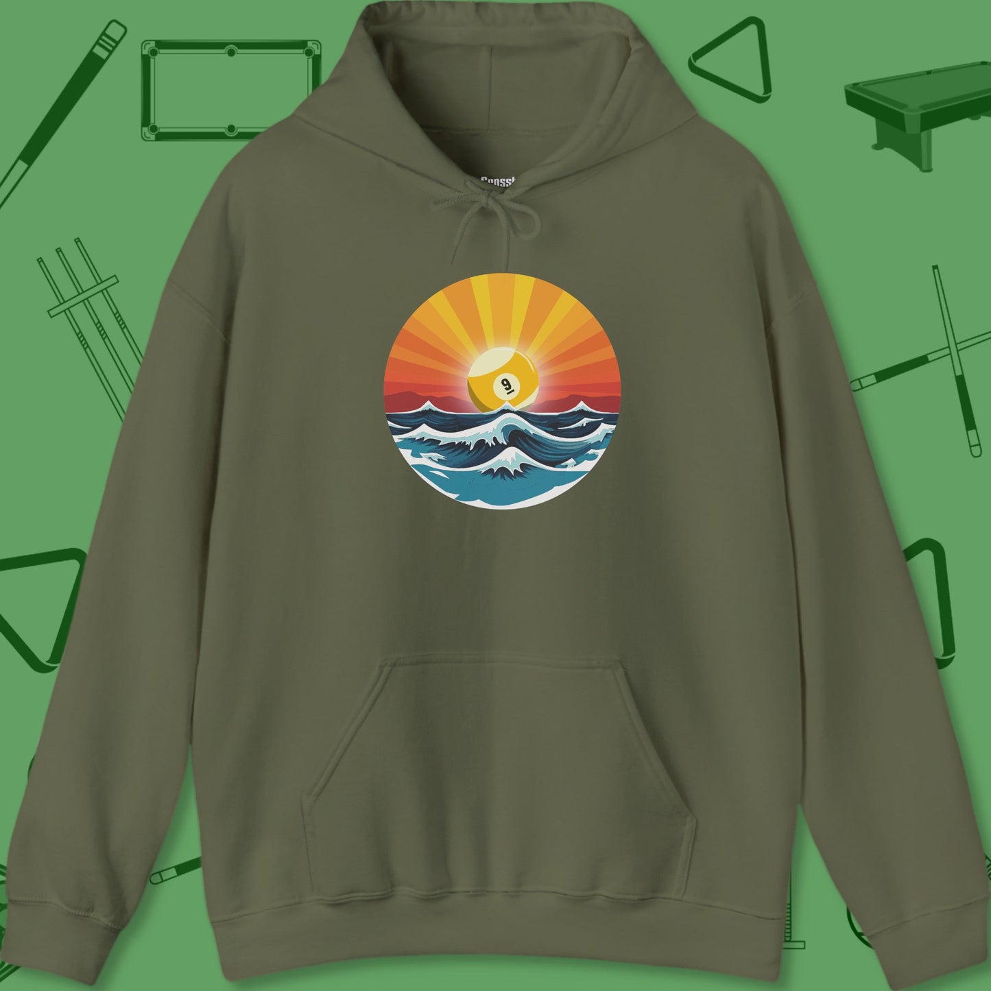 A Hoodie with billiards-themed design from Crossbank Clothing