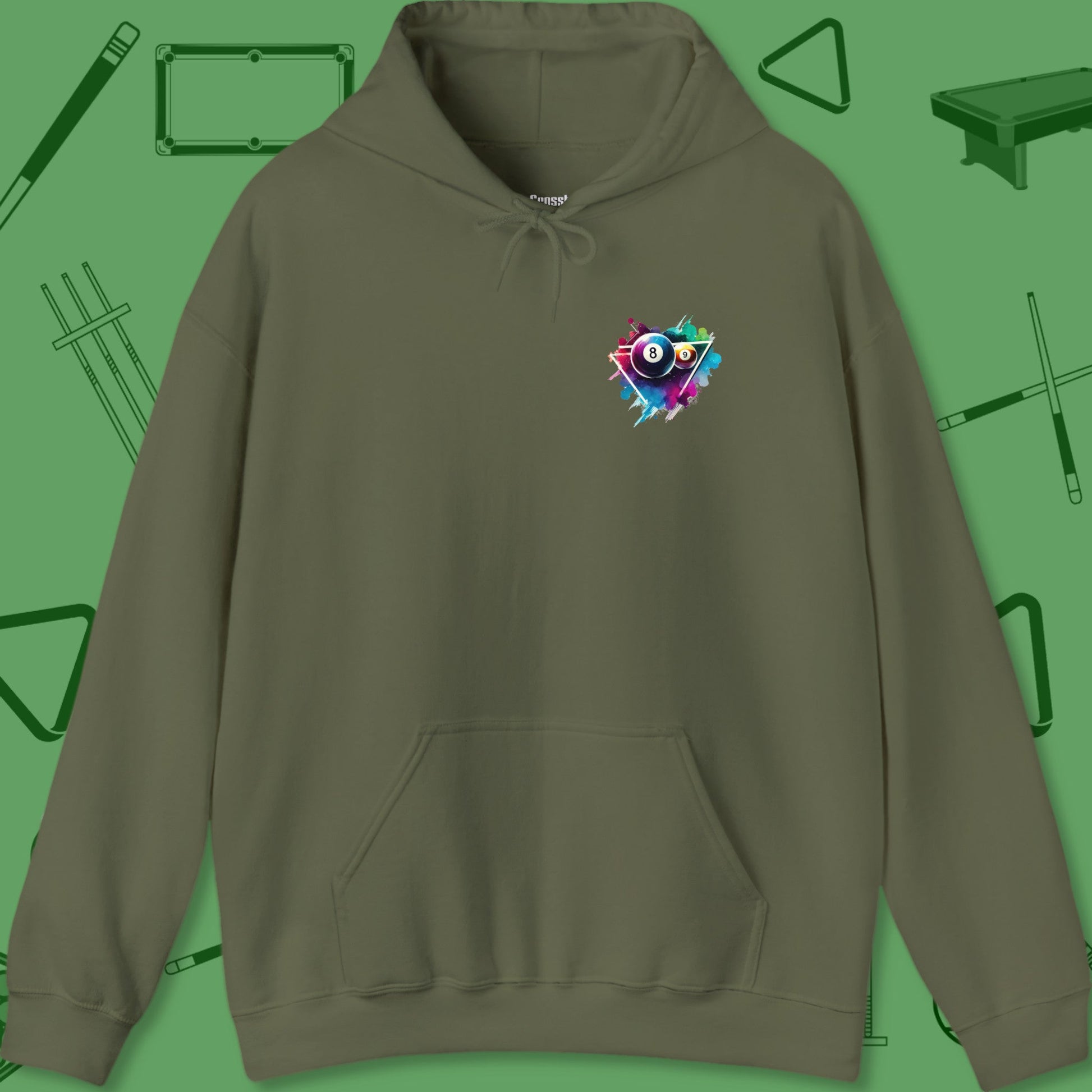 A Hoodie with billiards-themed design from Crossbank Clothing