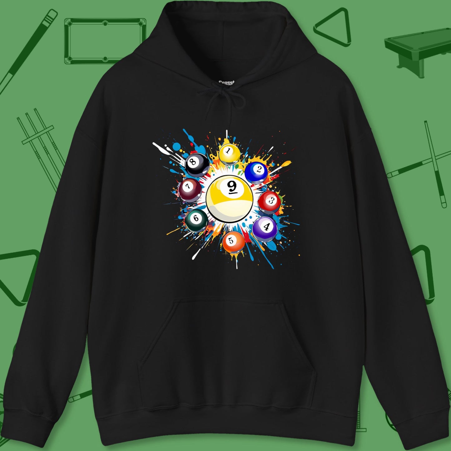 A Hoodie with billiards-themed design from Crossbank Clothing