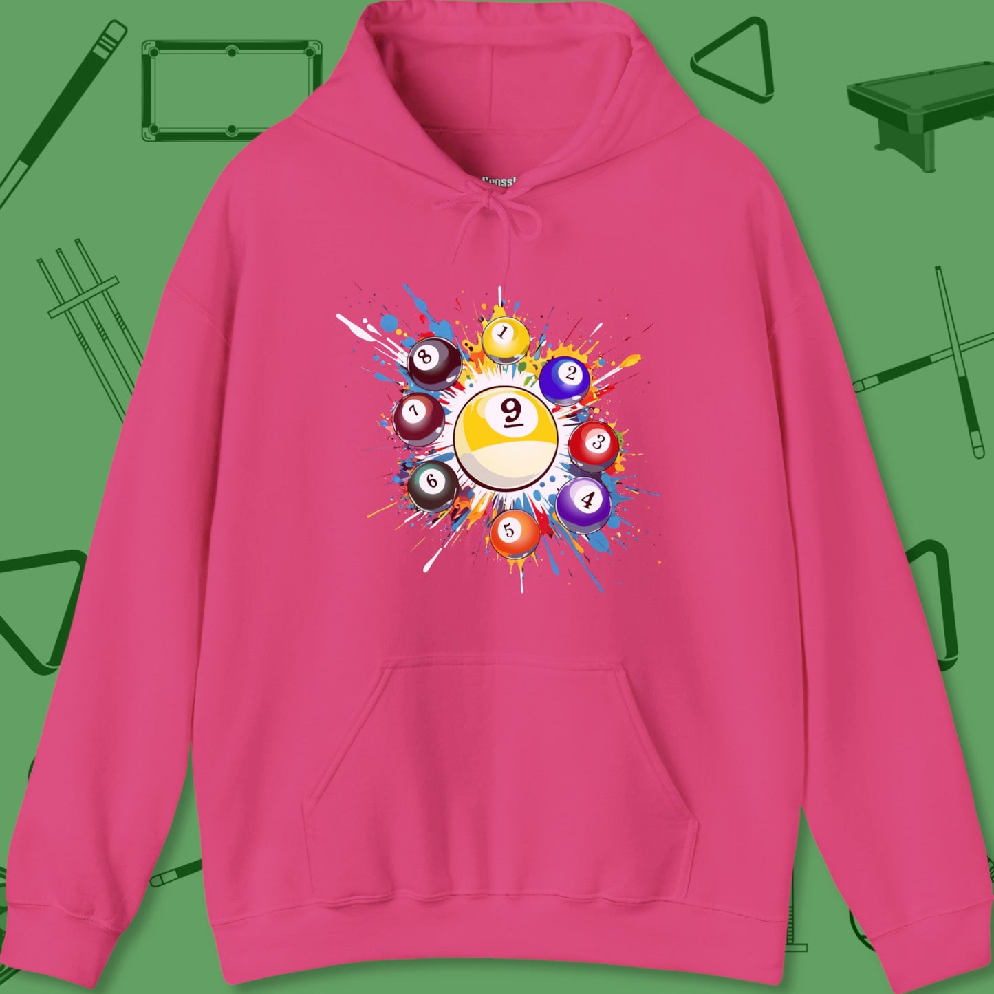 A Hoodie with billiards-themed design from Crossbank Clothing