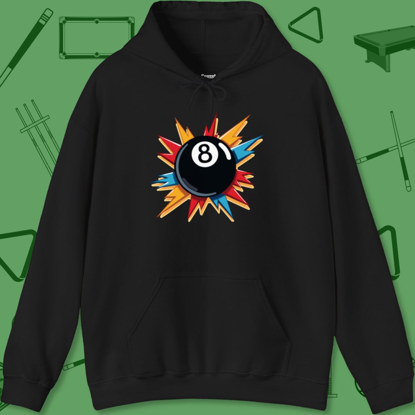 A Hoodie with billiards-themed design from Crossbank Clothing