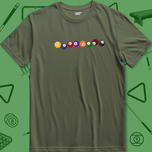 A T-Shirt with billiards-themed design from Crossbank Clothing