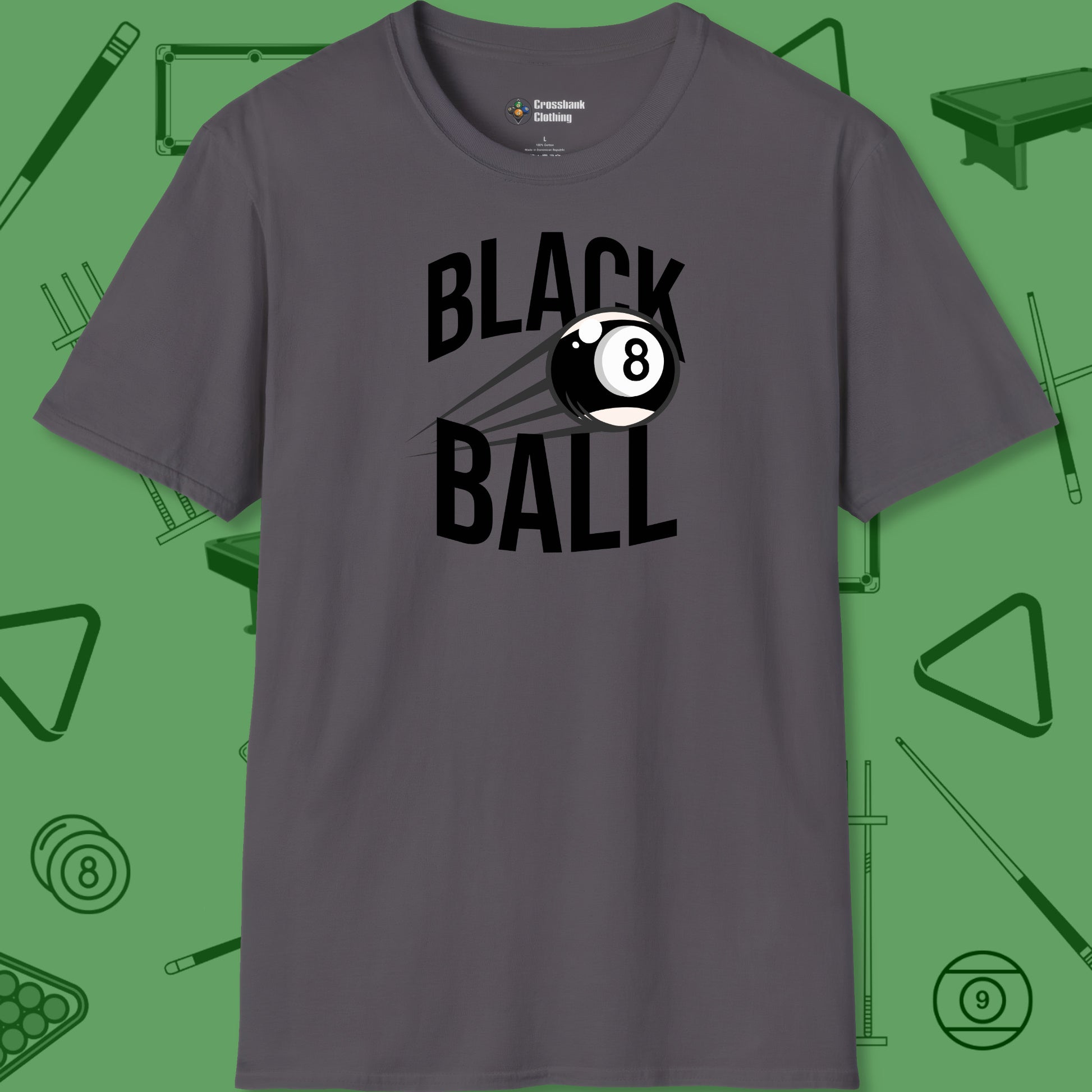 A T-Shirt titled "Black Ball 8-Ball T-Shirt – UK 8-Ball Pool Tee | 8 Colors" from Crossbank Clothing
