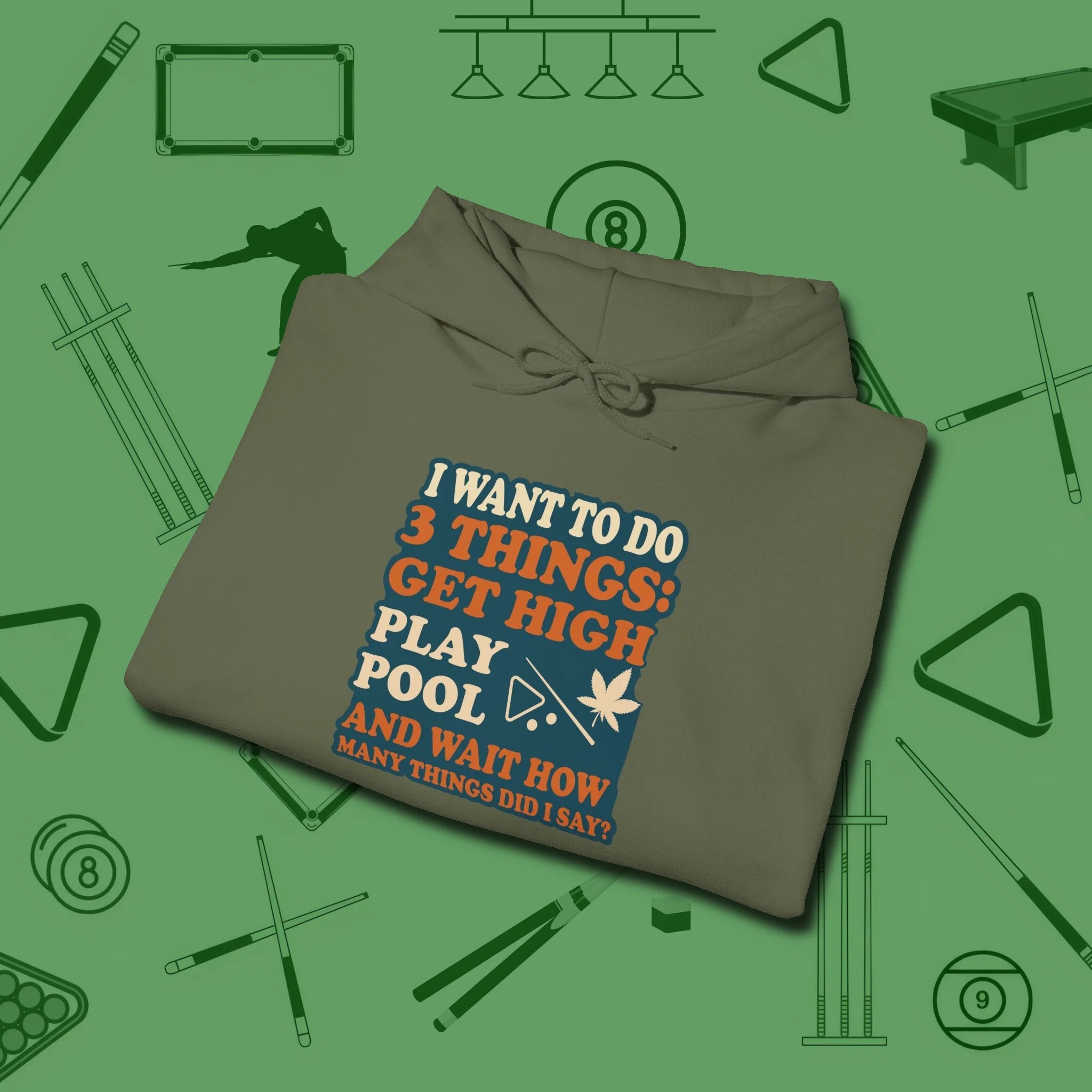 3 Things Hoodie, folded view, in Military Green helps your stroke and your style