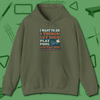 3 Things Hoodie, front view, in Military Green classic cue style, no gimmicks