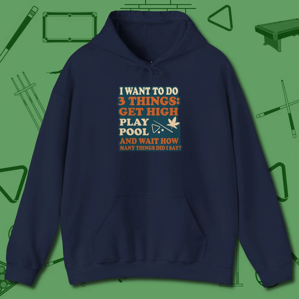 3 Things Hoodie, front view, in Navy look good while calling your pocket