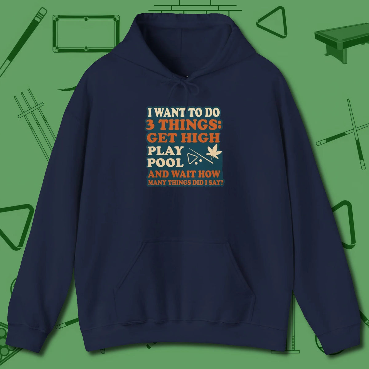 3 Things Hoodie, front view, in Navy look good while calling your pocket