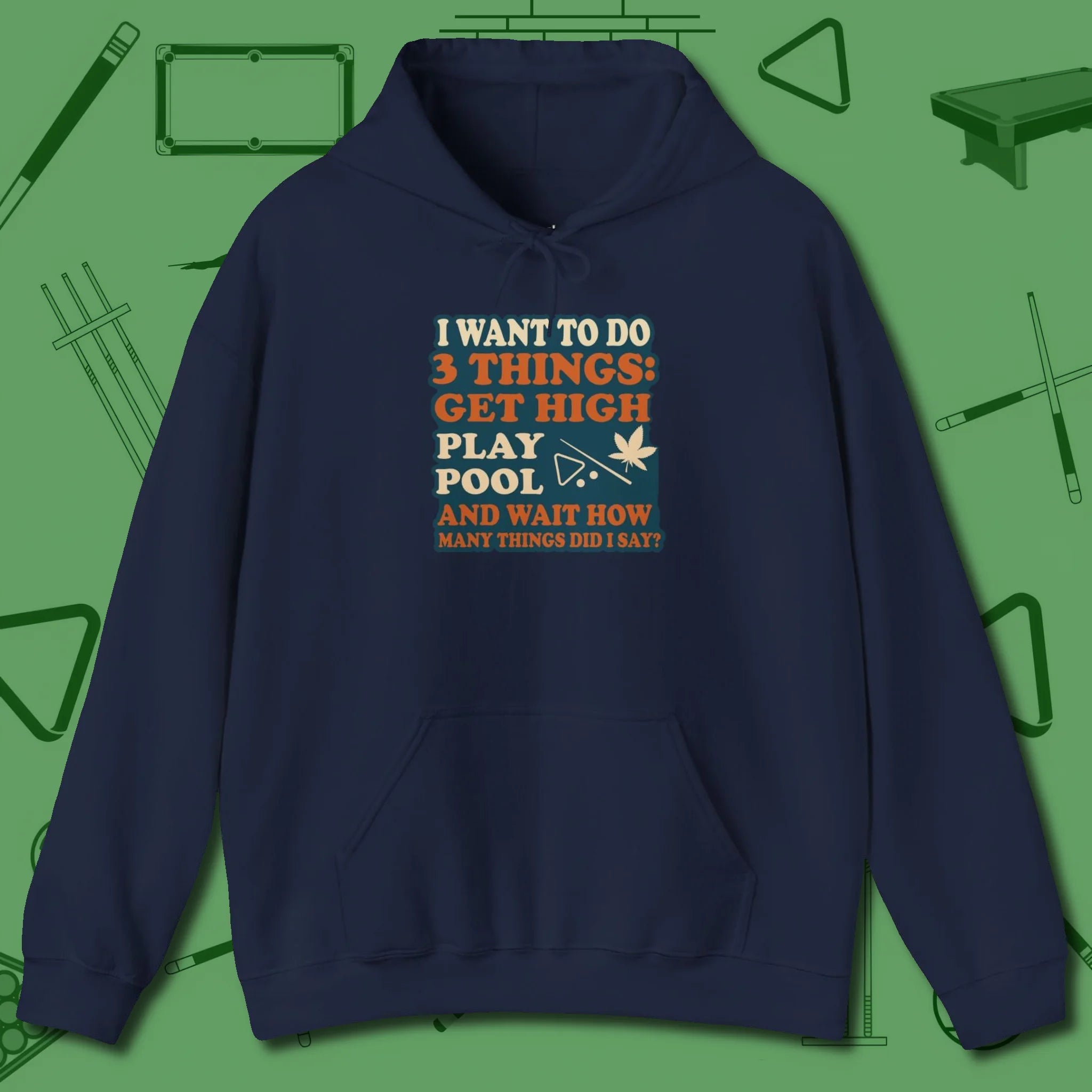 3 Things Hoodie, front view, in Navy look good while calling your pocket
