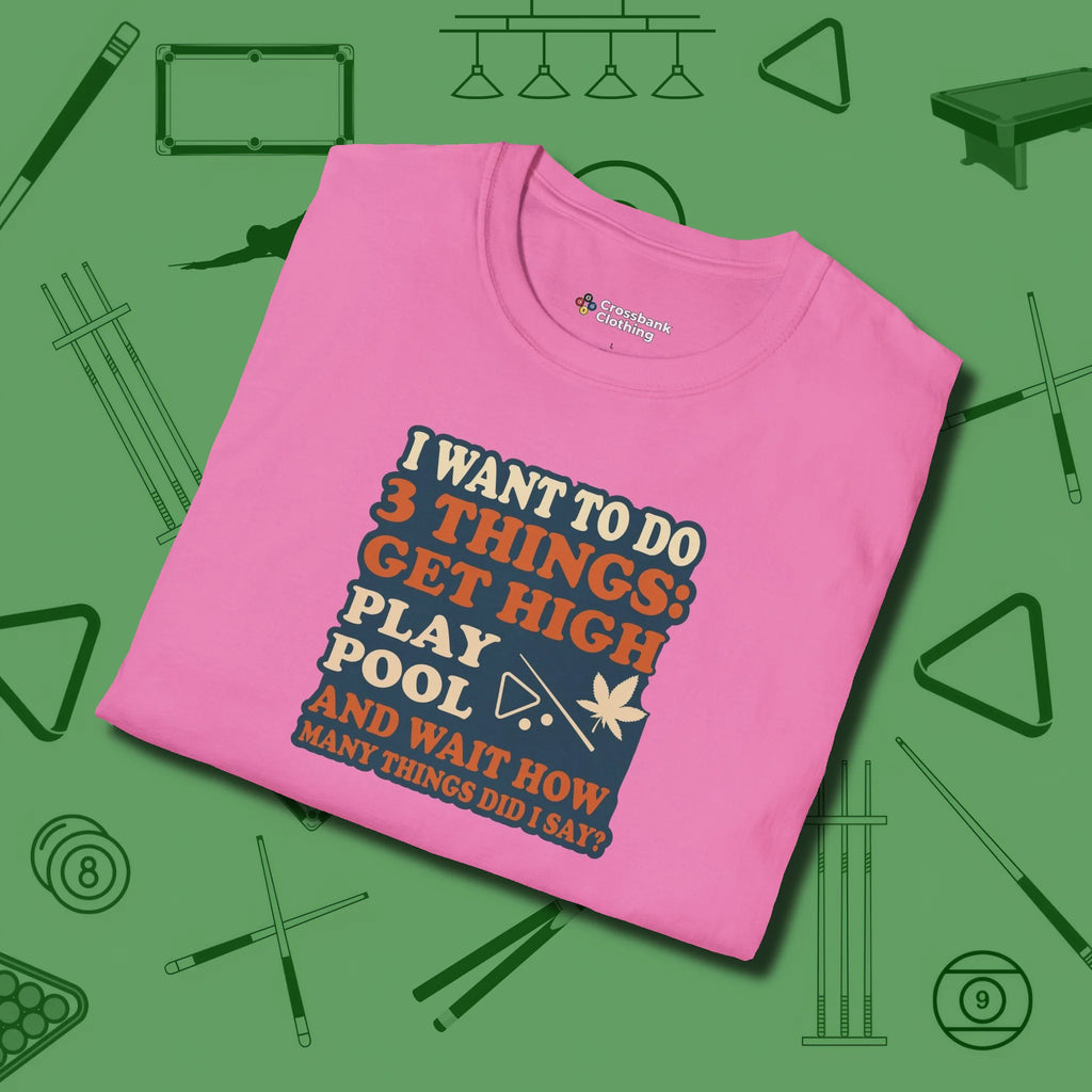 3 Things T-Shirt, folded view, in Azalea helps your stroke and your style