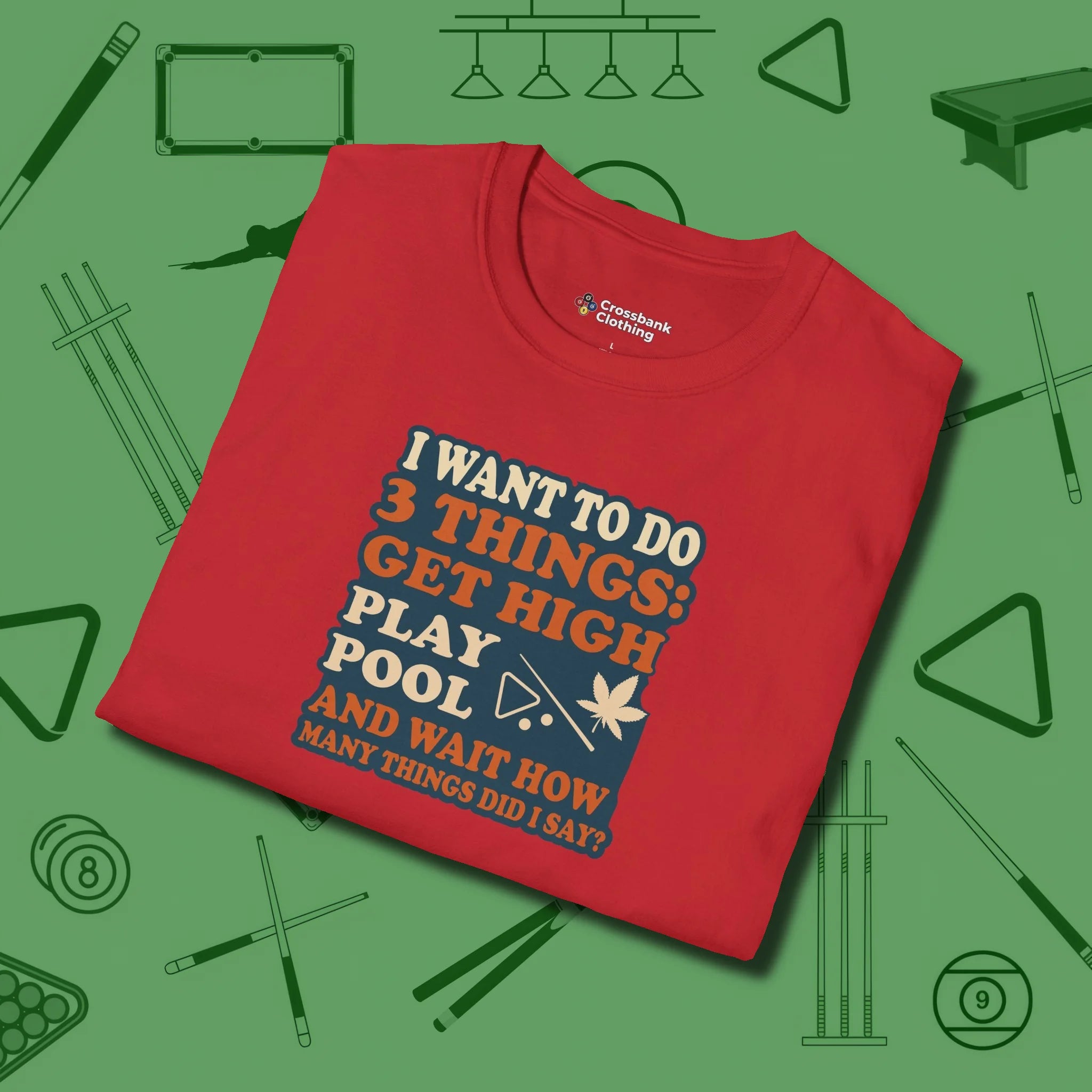 3 Things T-Shirt, folded view, in Red confidence stitched in every seam