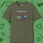 3 Things T-Shirt, front view, in Military Green break, run out, turn heads — repeat