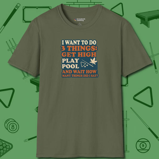 3 Things T-Shirt, front view, in Military Green break, run out, turn heads — repeat