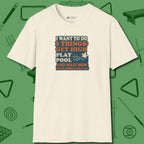 3 Things T-Shirt, front view, in Natural cool enough for a corner pocket finish