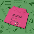6 Keys to Billiards Success (E.A.T.A.S.S.) Hoodie, folded view, in Heliconia made for pool sharks, not posers
