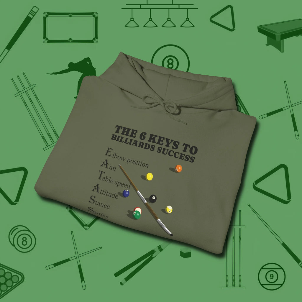 6 Keys to Billiards Success (E.A.T.A.S.S.) Hoodie, folded view, in Military Green fashion with break-and-run energy