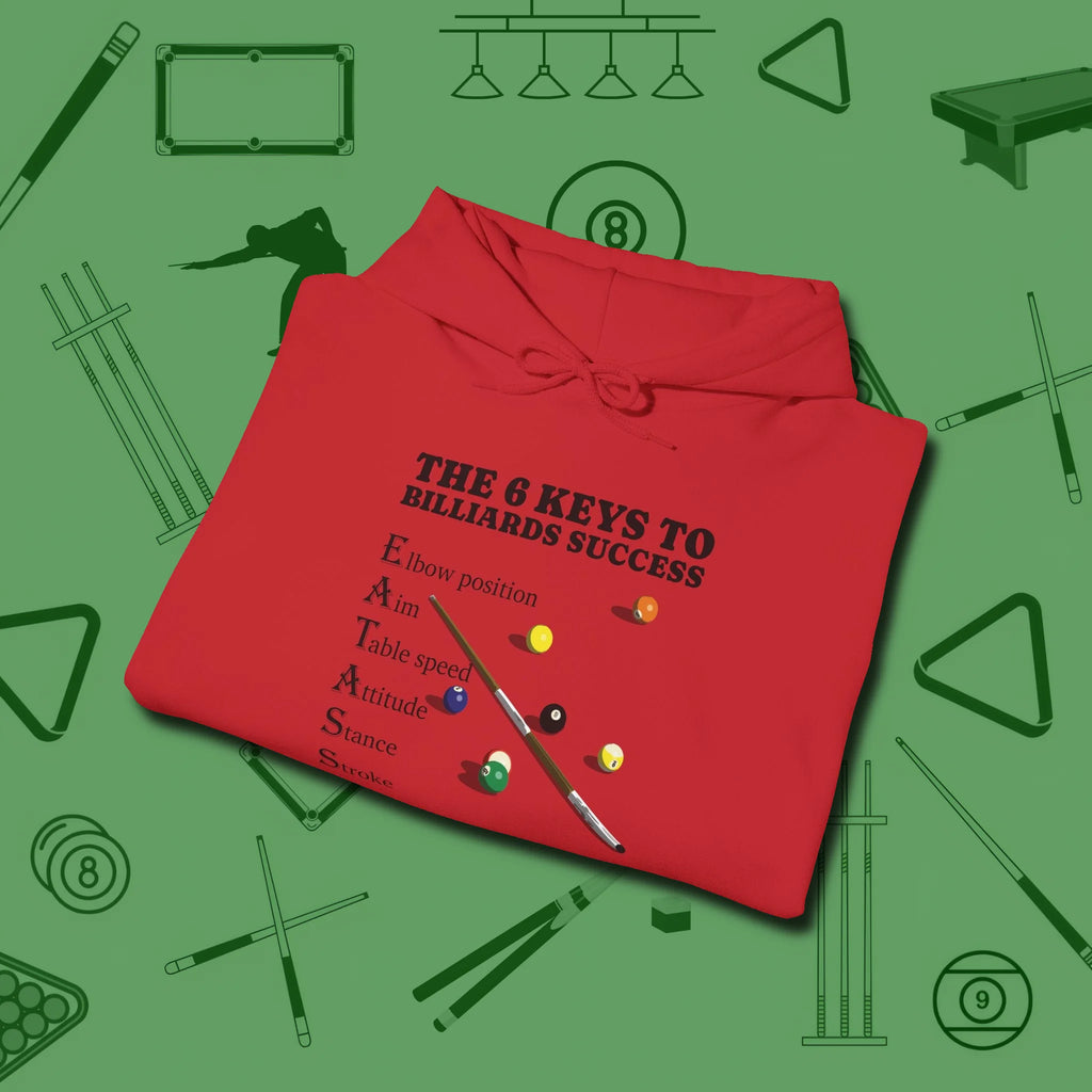 6 Keys to Billiards Success (E.A.T.A.S.S.) Hoodie, folded view, in Red what the real shooters wear