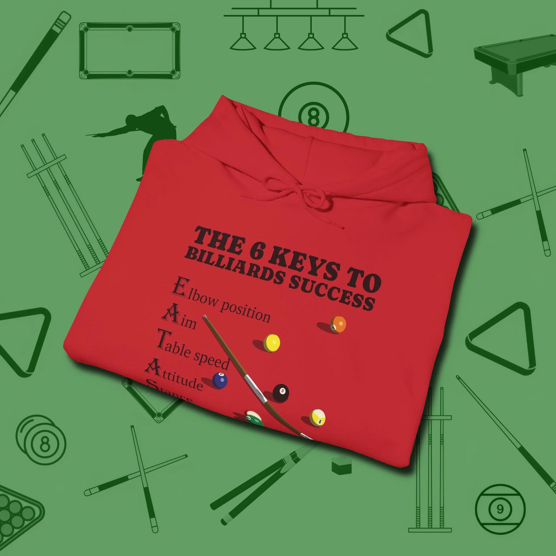 6 Keys to Billiards Success (E.A.T.A.S.S.) Hoodie, folded view, in Red confidence stitched in every seam