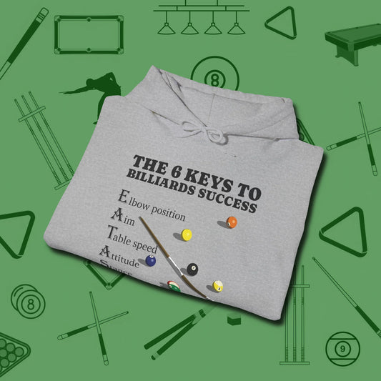 6 Keys to Billiards Success (E.A.T.A.S.S.) Hoodie, folded view, in Sport Grey from chalk to clutch, look the part