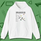 6 Keys to Billiards Success (E.A.T.A.S.S.) Hoodie, front view, in White style that banks as hard as you do