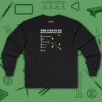 6 Keys to Billiards Success (E.A.T.A.S.S.) Long Sleeve Tee, in Black color, pool shirt, front view