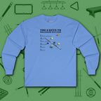 6 Keys to Billiards Success (E.A.T.A.S.S.) Long Sleeve Tee, in Carolina Blue color, pool shirt, front view