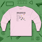 6 Keys to Billiards Success (E.A.T.A.S.S.) Long Sleeve Tee, in Light Pink color, pool shirt, front view