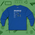 6 Keys to Billiards Success (E.A.T.A.S.S.) Long Sleeve Tee, in Royal color, pool shirt, front view