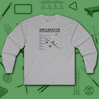 6 Keys to Billiards Success (E.A.T.A.S.S.) Long Sleeve Tee, in Sport Grey color, pool shirt, front view