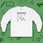 6 Keys to Billiards Success (E.A.T.A.S.S.) Long Sleeve Tee, in White color, pool shirt, front view
