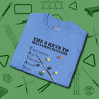 6 Keys to Billiards Success (E.A.T.A.S.S.) T-Shirt, folded view, in Carolina Blue what champions wear between racks