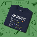 6 Keys to Billiards Success (E.A.T.A.S.S.) T-Shirt, folded view, in Navy break, run out, turn heads — repeat