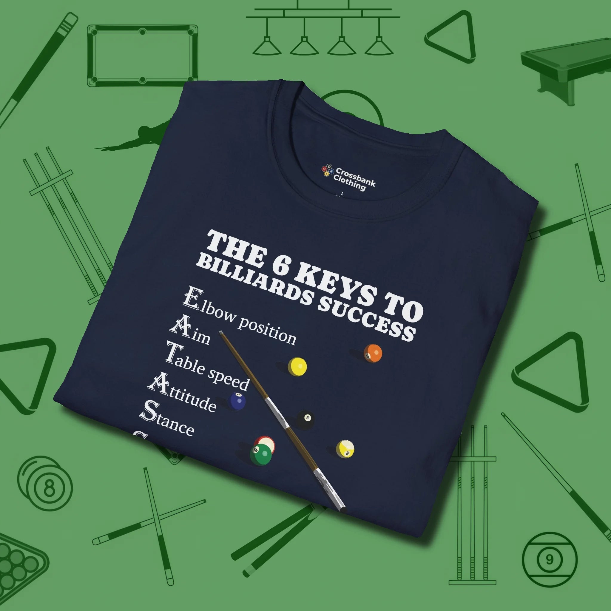 6 Keys to Billiards Success (E.A.T.A.S.S.) T-Shirt, folded view, in Navy break, run out, turn heads — repeat