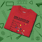 6 Keys to Billiards Success (E.A.T.A.S.S.) T-Shirt, folded view, in Red the official uniform of the after-hours crew