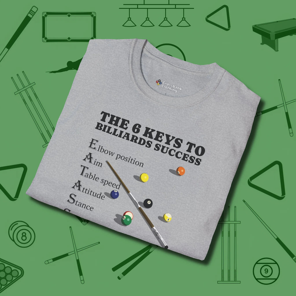 6 Keys to Billiards Success (E.A.T.A.S.S.) T-Shirt, folded view, in Sport Grey what champions wear between racks