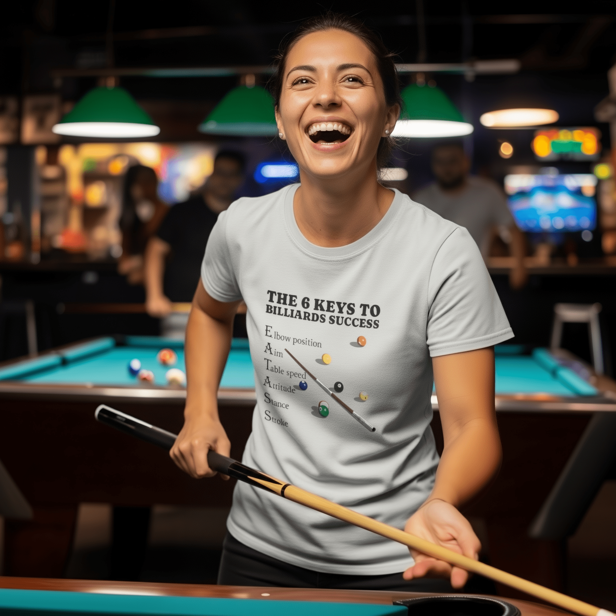 Woman wearing the 6 Keys to Billiards Success T-Shirt