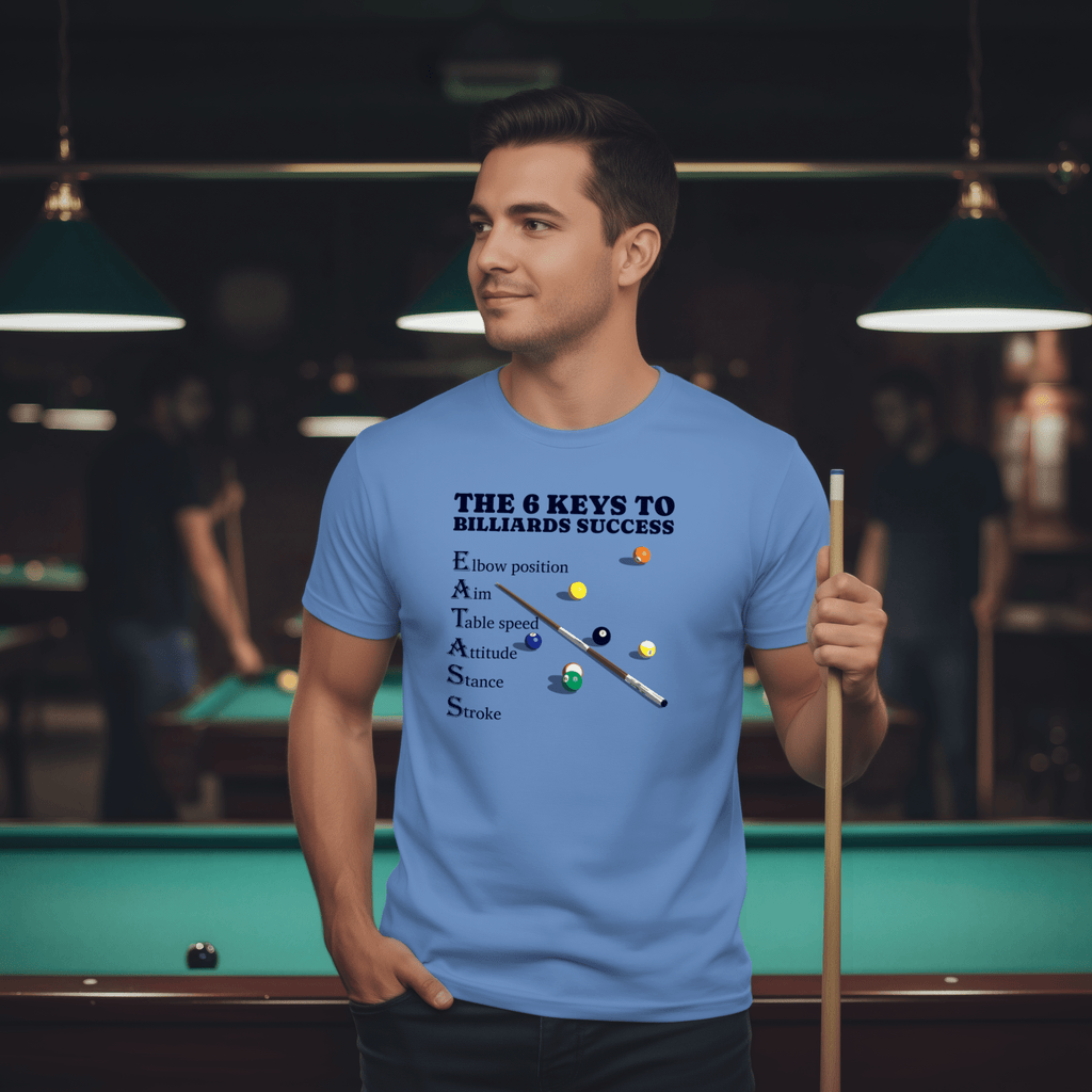Man wearing the 6 Keys to Billiards Success T-Shirt