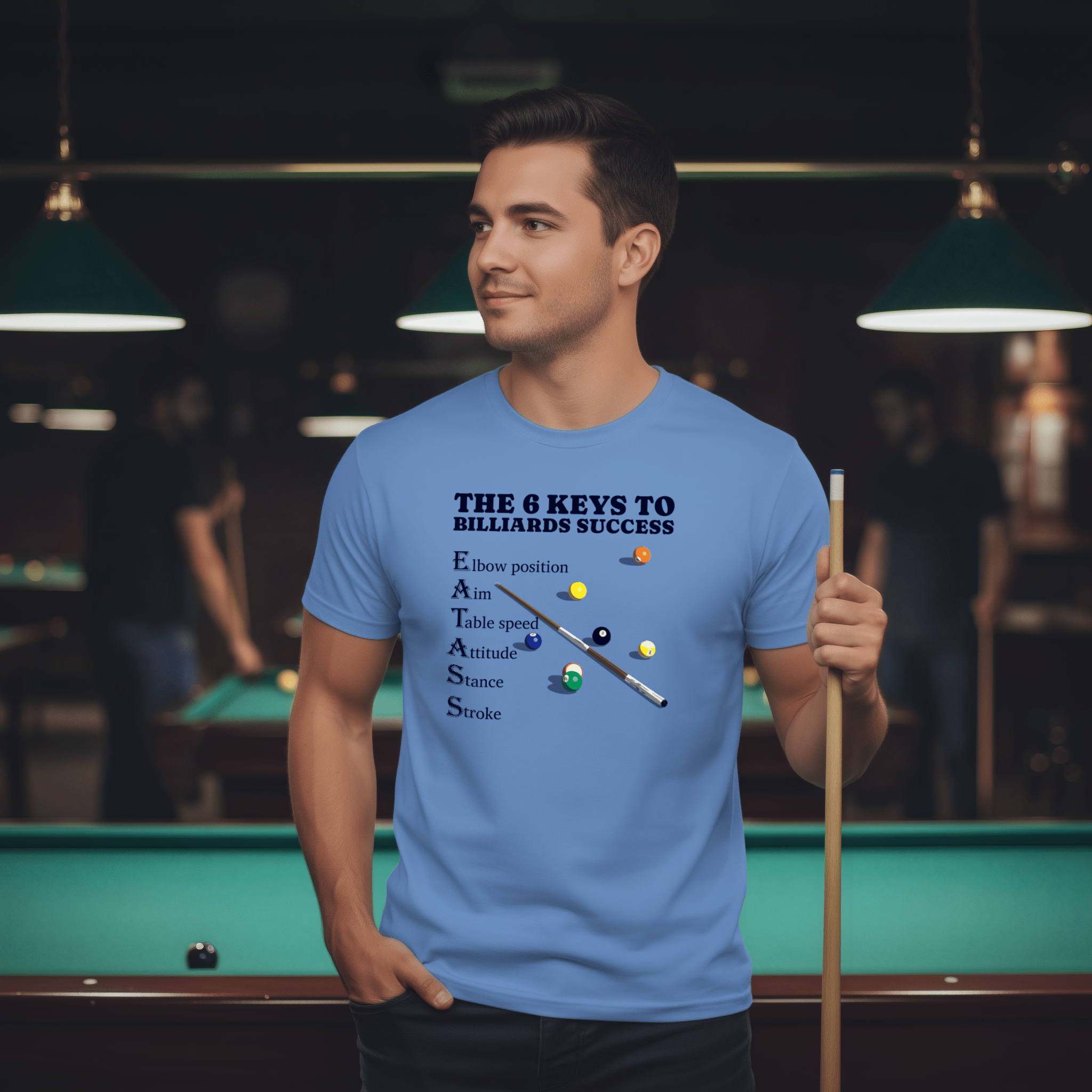 Man wearing the 6 Keys to Billiards Success T-Shirt