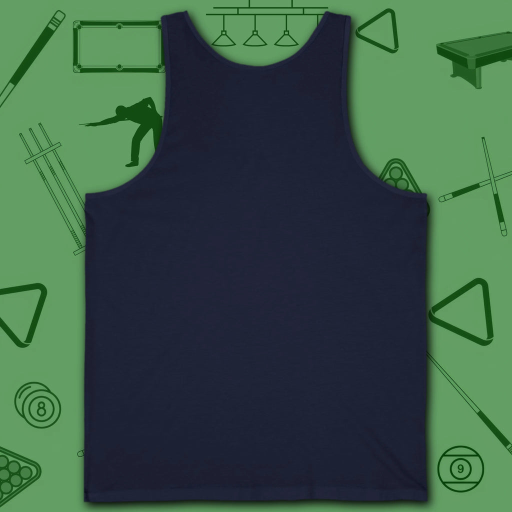 6 Keys to Billiards Success (E.A.T.A.S.S.) Tank Top, in Navy color, pool tank top, back view