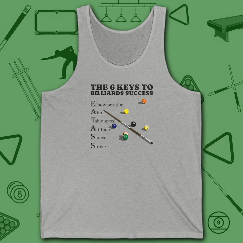 6 Keys to Billiards Success (E.A.T.A.S.S.) Tank Top, in Athletic Heather color, pool tank top, front view