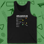 6 Keys to Billiards Success (E.A.T.A.S.S.) Tank Top, in Black color, pool tank top, front view
