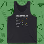 6 Keys to Billiards Success (E.A.T.A.S.S.) Tank Top, in Dark Grey color, pool tank top, front view