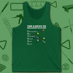 6 Keys to Billiards Success (E.A.T.A.S.S.) Tank Top, in Kelly color, pool tank top, front view