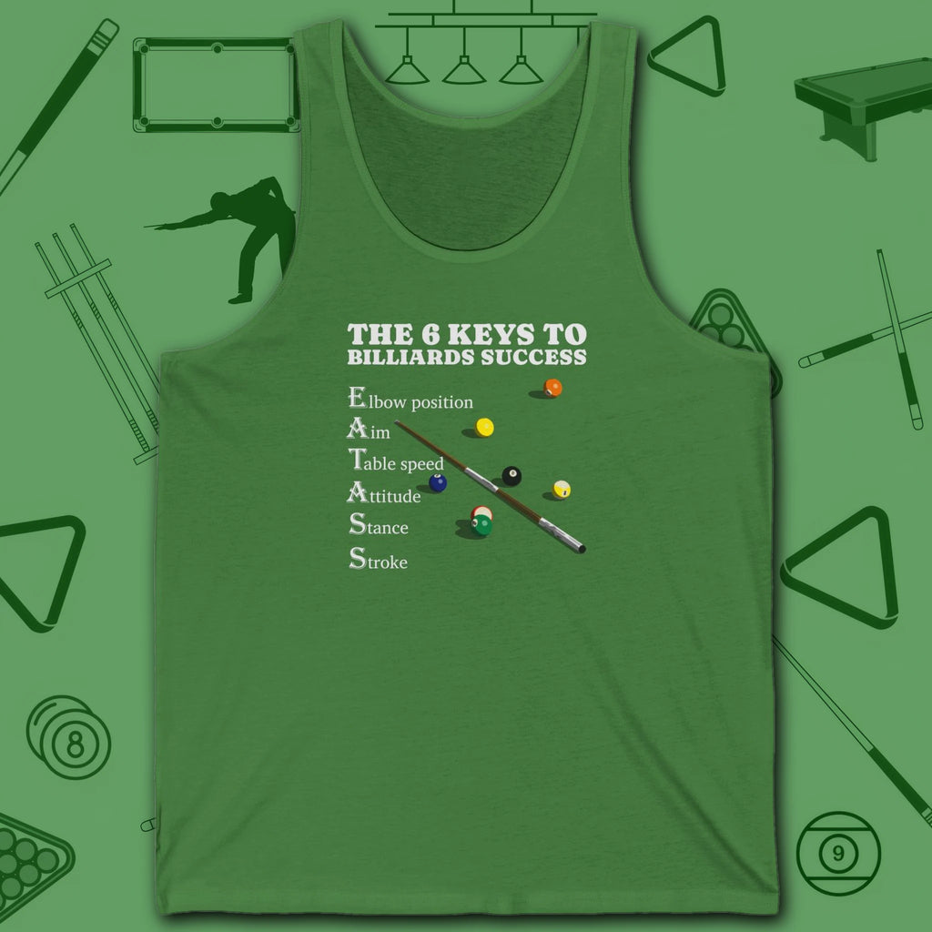 6 Keys to Billiards Success (E.A.T.A.S.S.) Tank Top, in Leaf color, pool tank top, front view