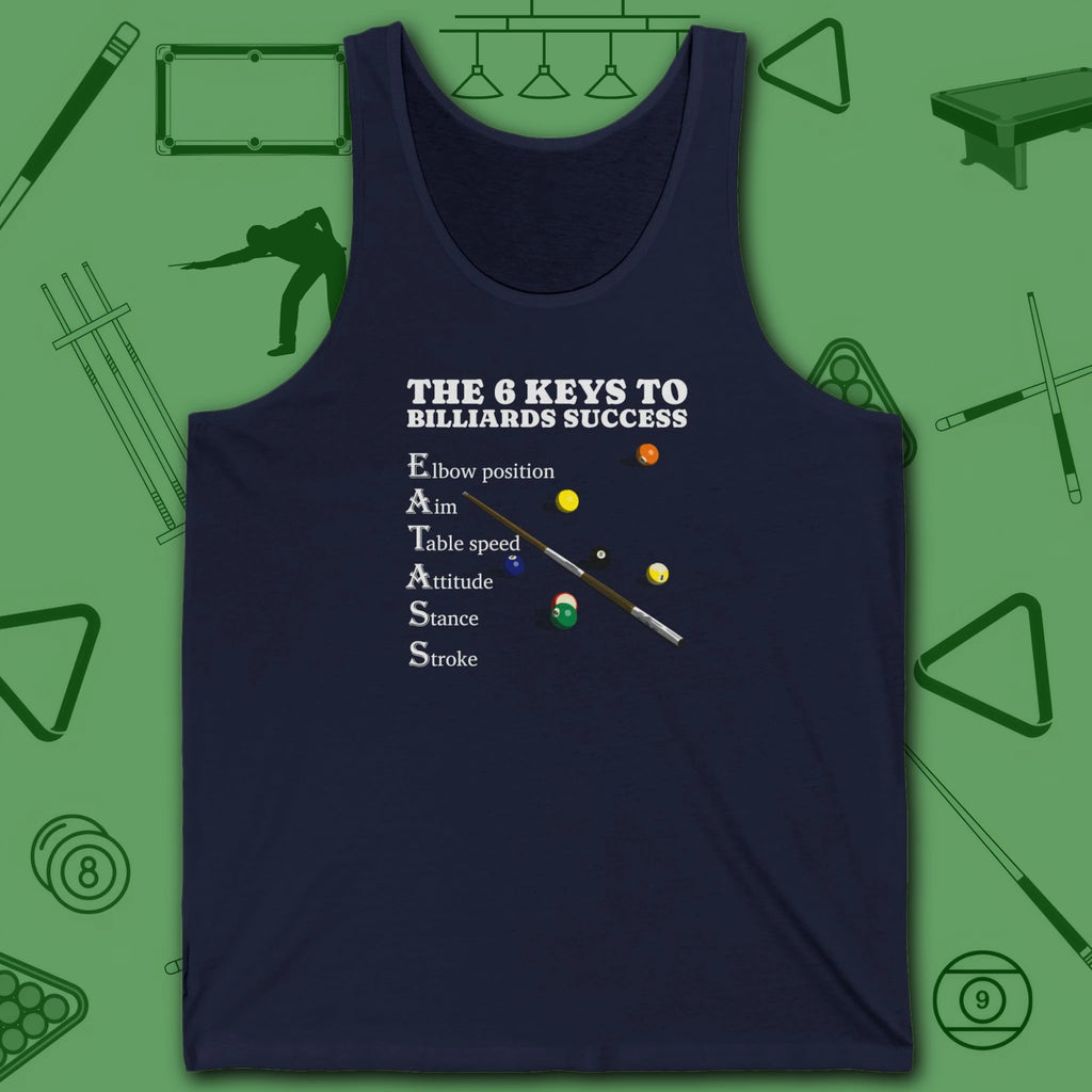 6 Keys to Billiards Success (E.A.T.A.S.S.) Tank Top, in Navy color, pool tank top, front view