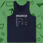 6 Keys to Billiards Success (E.A.T.A.S.S.) Tank Top, in Navy color, pool tank top, front view