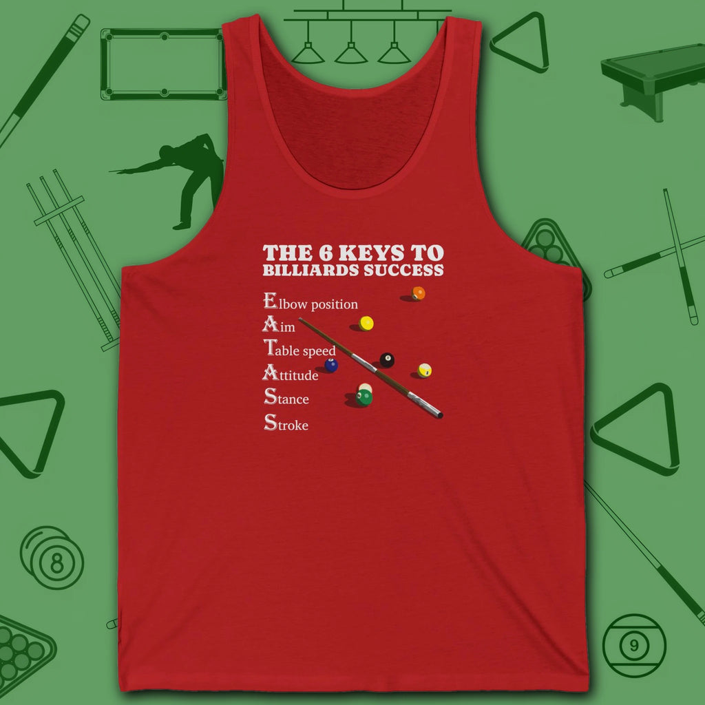 6 Keys to Billiards Success (E.A.T.A.S.S.) Tank Top, in Red color, pool tank top, front view