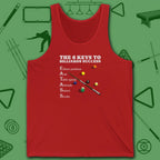 6 Keys to Billiards Success (E.A.T.A.S.S.) Tank Top, in Red color, pool tank top, front view