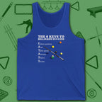 6 Keys to Billiards Success (E.A.T.A.S.S.) Tank Top, in True Royal color, pool tank top, front view